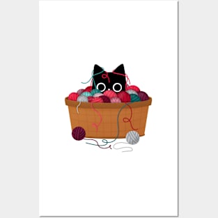 Black Cat in Yarn Basket Posters and Art